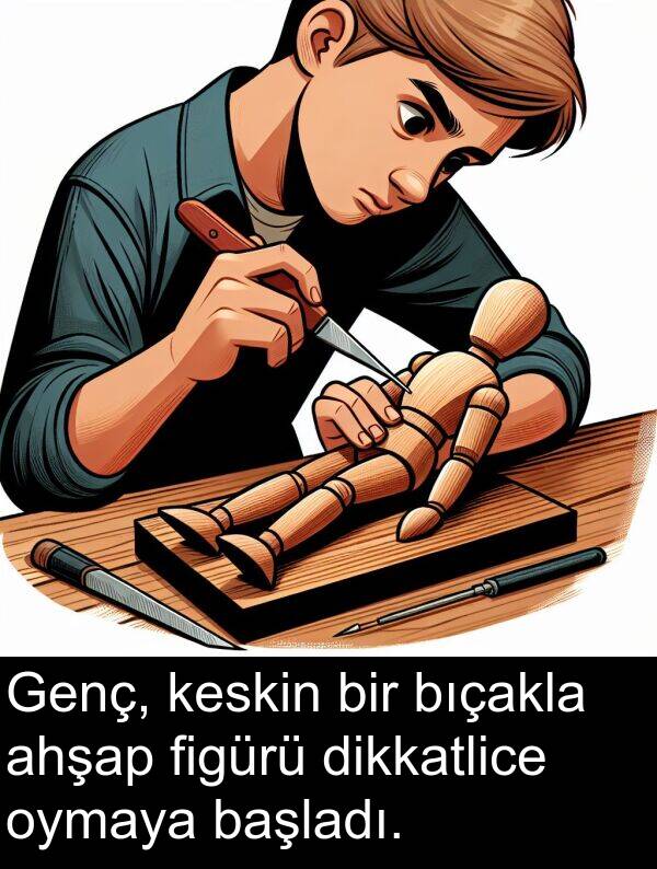 figürü: Genç, keskin bir bıçakla ahşap figürü dikkatlice oymaya başladı.