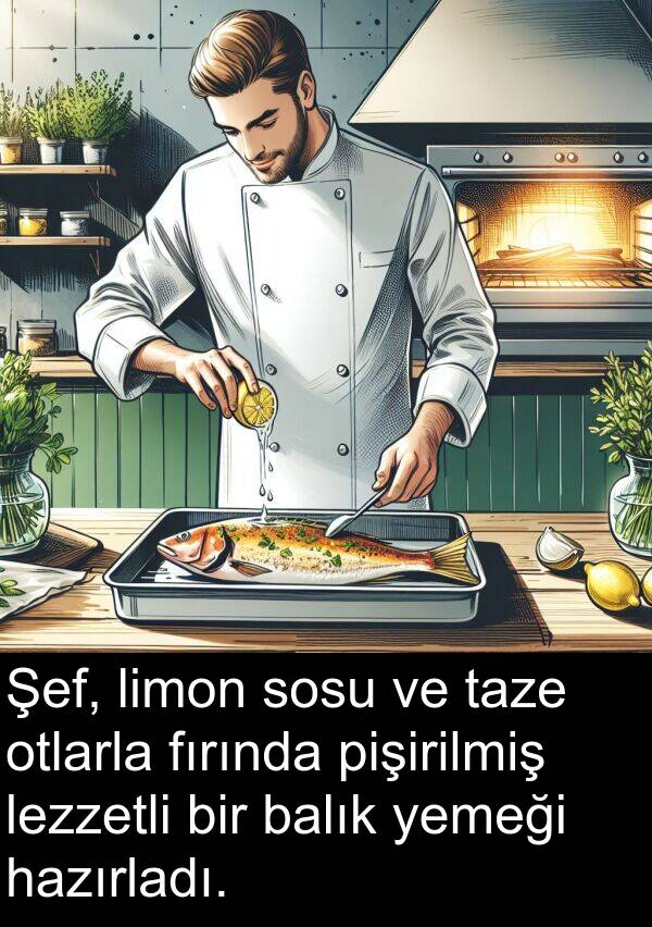 fırında: Şef, limon sosu ve taze otlarla fırında pişirilmiş lezzetli bir balık yemeği hazırladı.