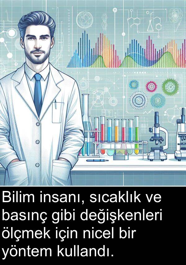 nicel: Bilim insanı, sıcaklık ve basınç gibi değişkenleri ölçmek için nicel bir yöntem kullandı.