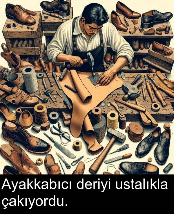 ustalıkla: Ayakkabıcı deriyi ustalıkla çakıyordu.