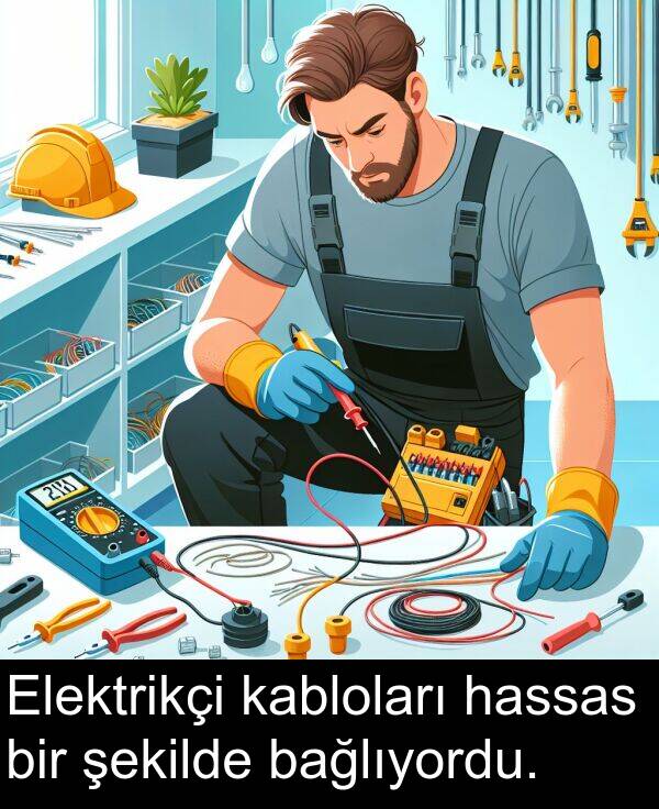 kabloları: Elektrikçi kabloları hassas bir şekilde bağlıyordu.