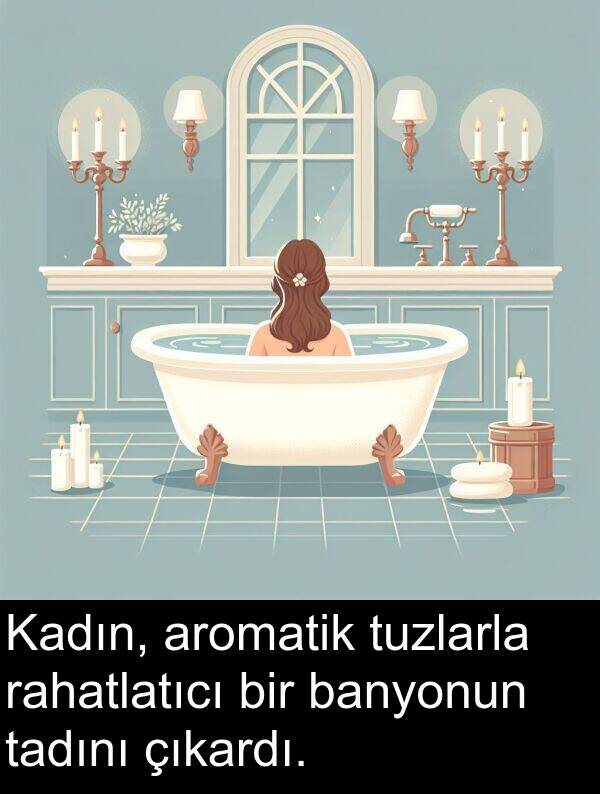 rahatlatıcı: Kadın, aromatik tuzlarla rahatlatıcı bir banyonun tadını çıkardı.