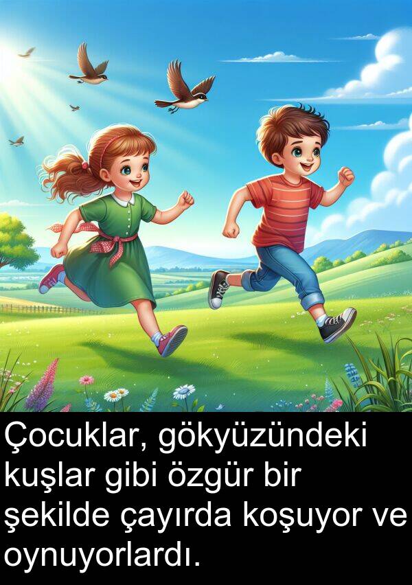 kuşlar: Çocuklar, gökyüzündeki kuşlar gibi özgür bir şekilde çayırda koşuyor ve oynuyorlardı.