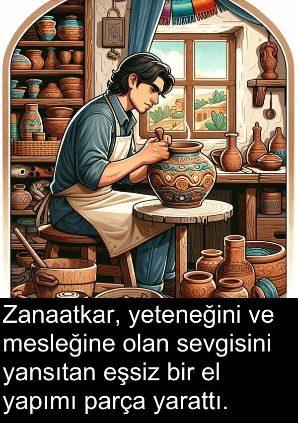 yarattı: Zanaatkar, yeteneğini ve mesleğine olan sevgisini yansıtan eşsiz bir el yapımı parça yarattı.