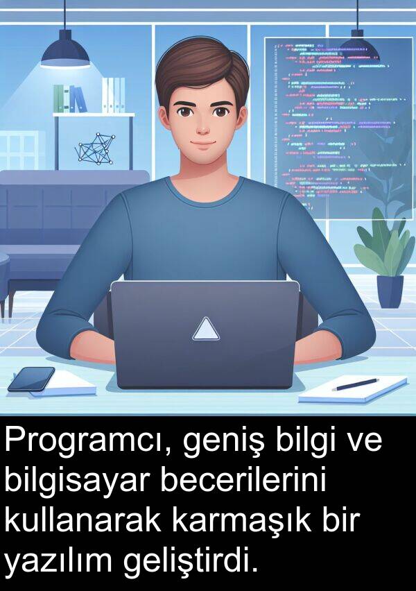 geniş: Programcı, geniş bilgi ve bilgisayar becerilerini kullanarak karmaşık bir yazılım geliştirdi.