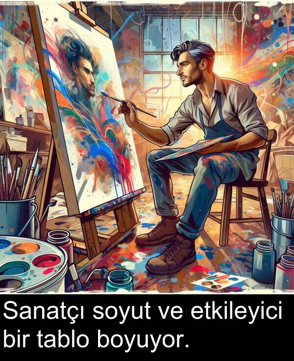 tablo: Sanatçı soyut ve etkileyici bir tablo boyuyor.