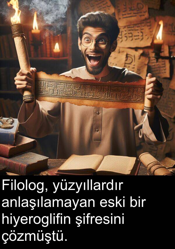 hiyeroglifin: Filolog, yüzyıllardır anlaşılamayan eski bir hiyeroglifin şifresini çözmüştü.