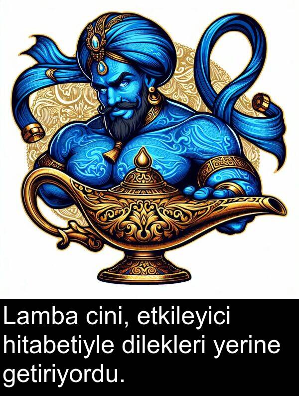 hitabetiyle: Lamba cini, etkileyici hitabetiyle dilekleri yerine getiriyordu.