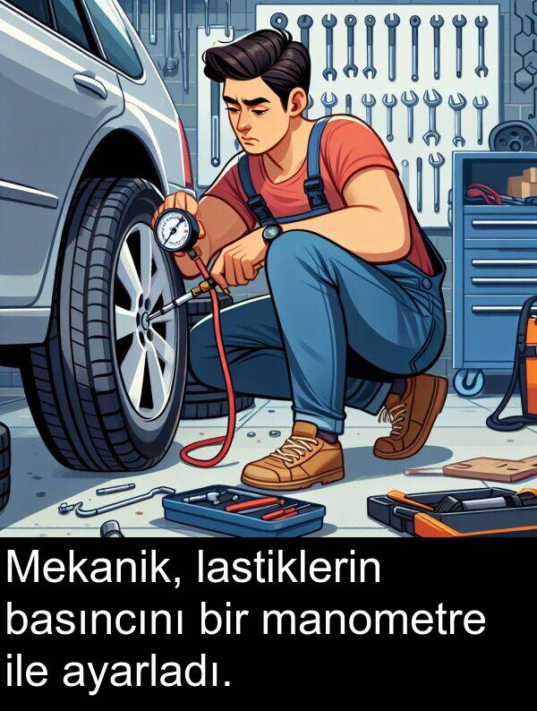 ile: Mekanik, lastiklerin basıncını bir manometre ile ayarladı.