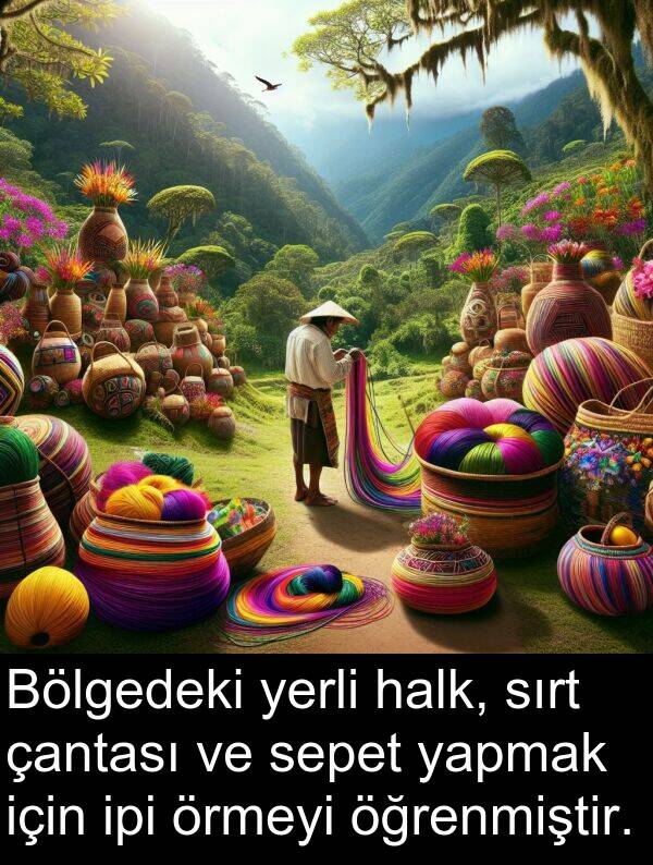 yapmak: Bölgedeki yerli halk, sırt çantası ve sepet yapmak için ipi örmeyi öğrenmiştir.