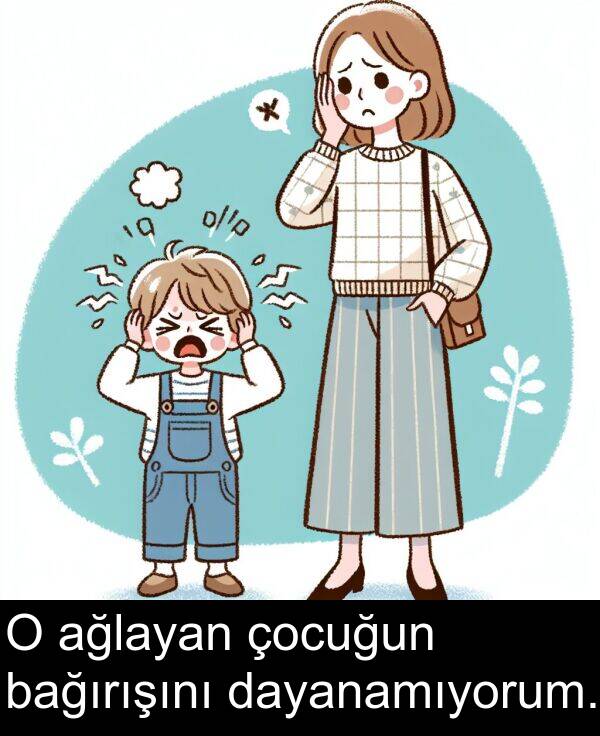 ağlayan: O ağlayan çocuğun bağırışını dayanamıyorum.