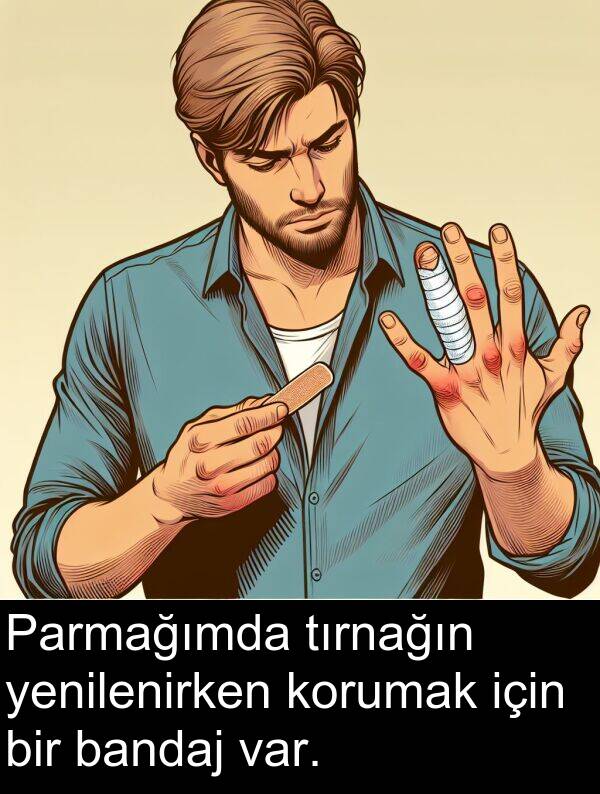 bandaj: Parmağımda tırnağın yenilenirken korumak için bir bandaj var.