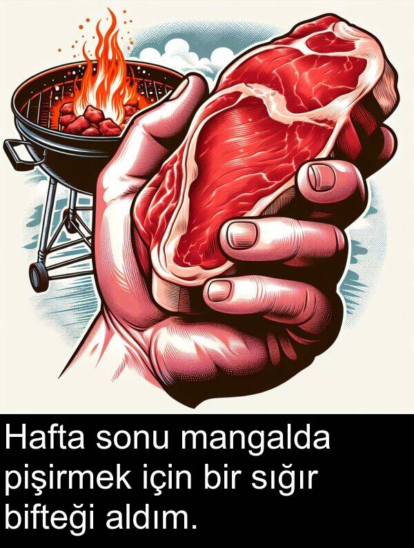 pişirmek: Hafta sonu mangalda pişirmek için bir sığır bifteği aldım.
