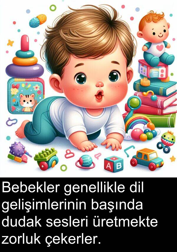 zorluk: Bebekler genellikle dil gelişimlerinin başında dudak sesleri üretmekte zorluk çekerler.