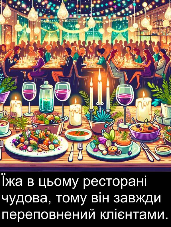 клієнтами: Їжа в цьому ресторані чудова, тому він завжди переповнений клієнтами.