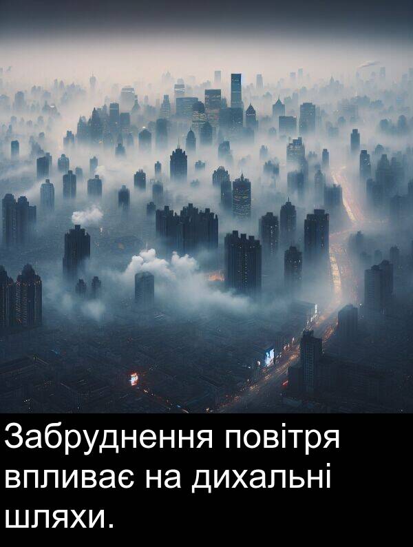 впливає: Забруднення повітря впливає на дихальні шляхи.