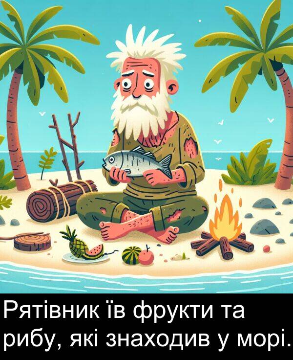 рибу: Рятівник їв фрукти та рибу, які знаходив у морі.