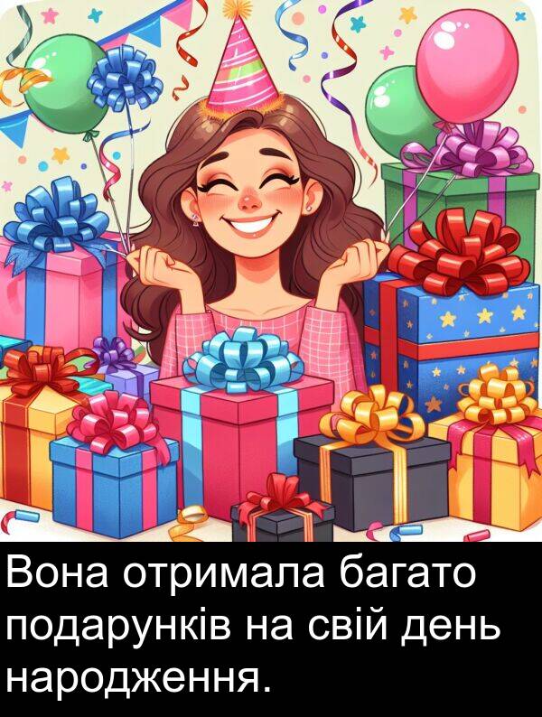 свій: Вона отримала багато подарунків на свій день народження.