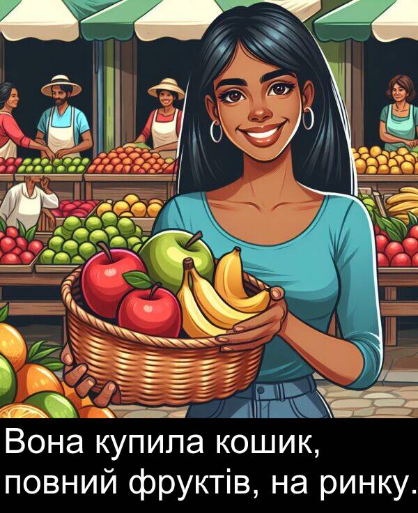 фруктів: Вона купила кошик, повний фруктів, на ринку.