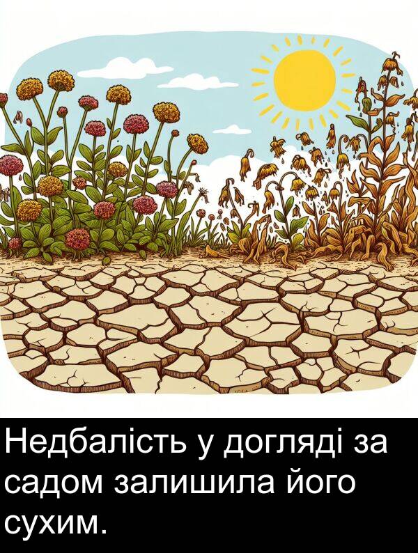 залишила: Недбалість у догляді за садом залишила його сухим.