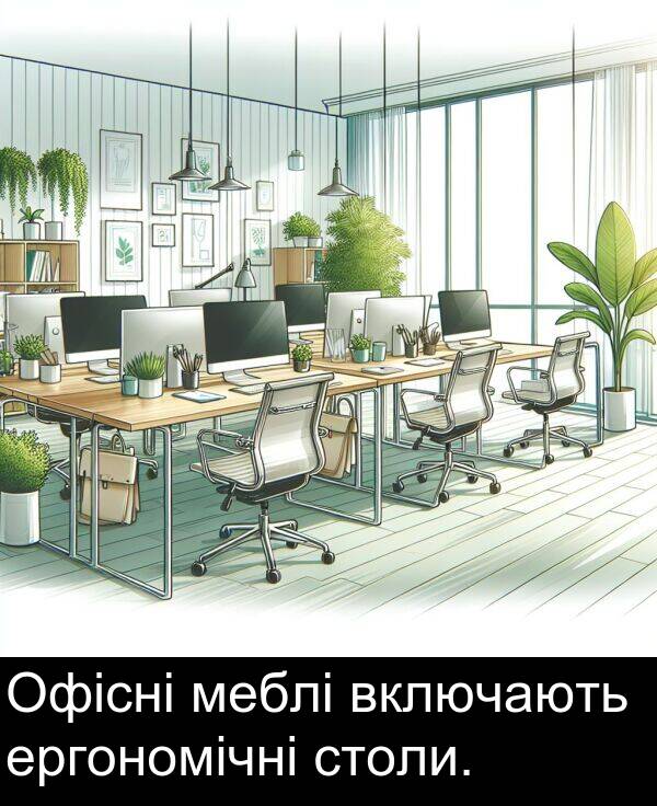 меблі: Офісні меблі включають ергономічні столи.
