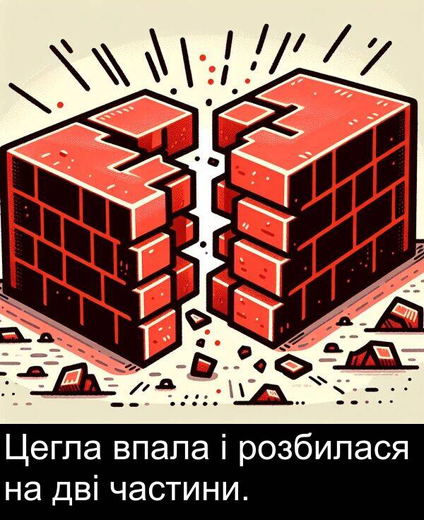 частини: Цегла впала і розбилася на дві частини.