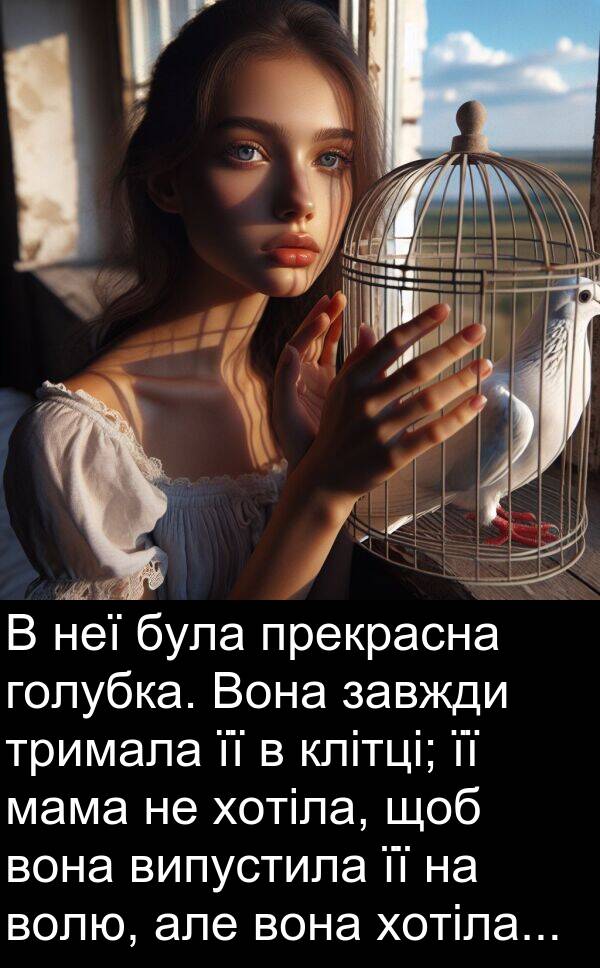 мама: В неї була прекрасна голубка. Вона завжди тримала її в клітці; її мама не хотіла, щоб вона випустила її на волю, але вона хотіла...