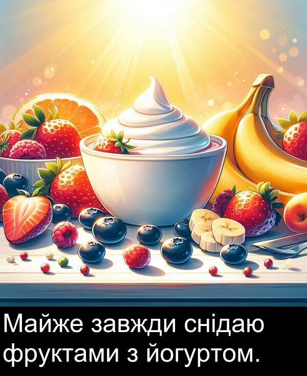 йогуртом: Майже завжди снідаю фруктами з йогуртом.
