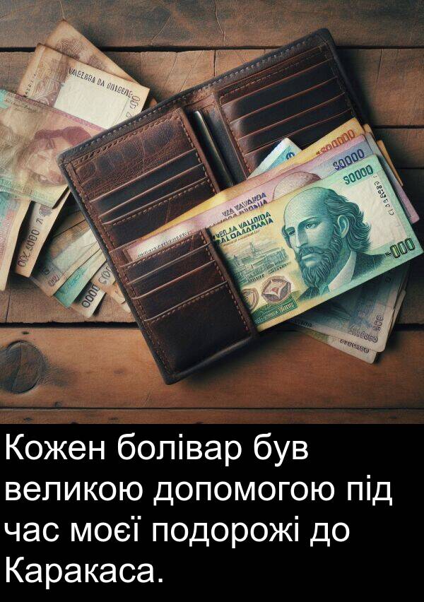 моєї: Кожен болівар був великою допомогою під час моєї подорожі до Каракаса.