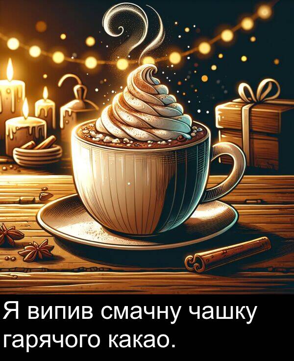 гарячого: Я випив смачну чашку гарячого какао.