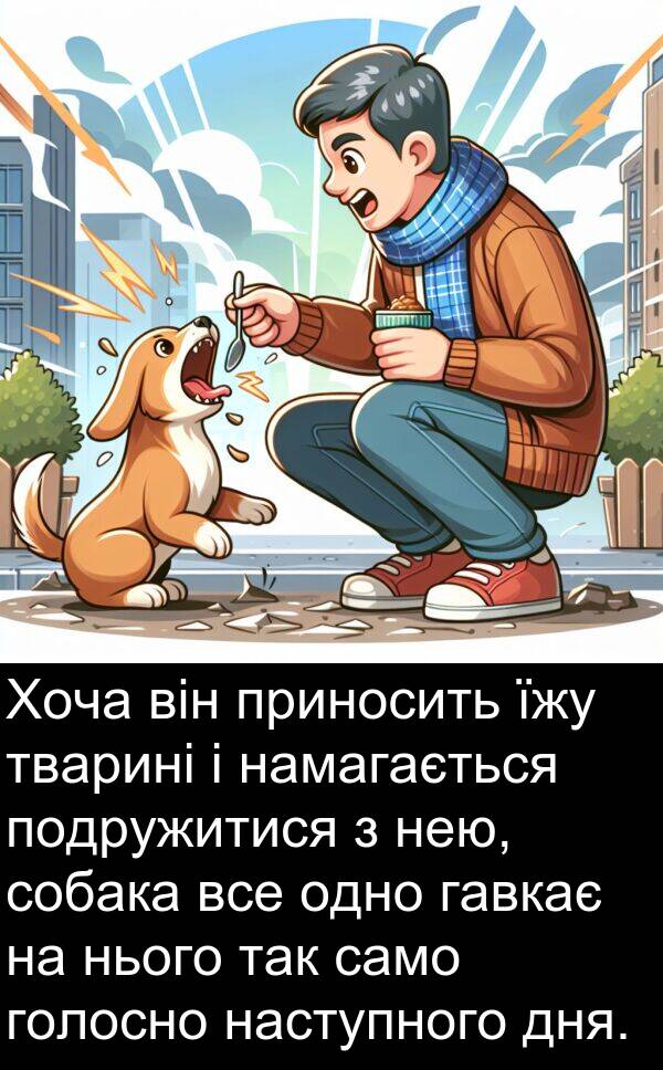 голосно: Хоча він приносить їжу тварині і намагається подружитися з нею, собака все одно гавкає на нього так само голосно наступного дня.