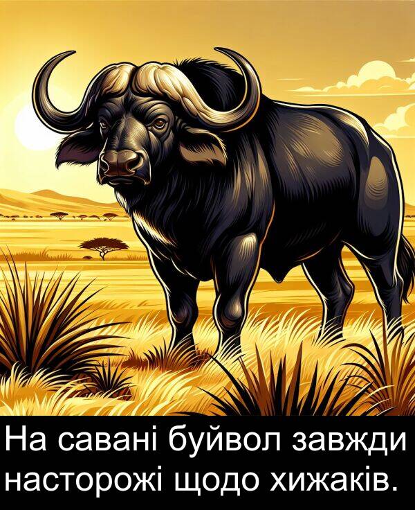 щодо: На савані буйвол завжди насторожі щодо хижаків.
