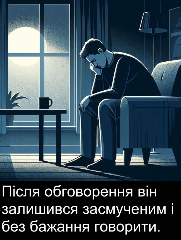 говорити: Після обговорення він залишився засмученим і без бажання говорити.