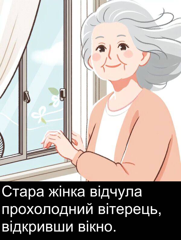 вітерець: Стара жінка відчула прохолодний вітерець, відкривши вікно.