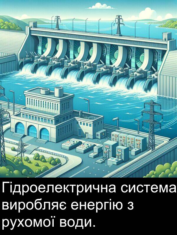 рухомої: Гідроелектрична система виробляє енергію з рухомої води.