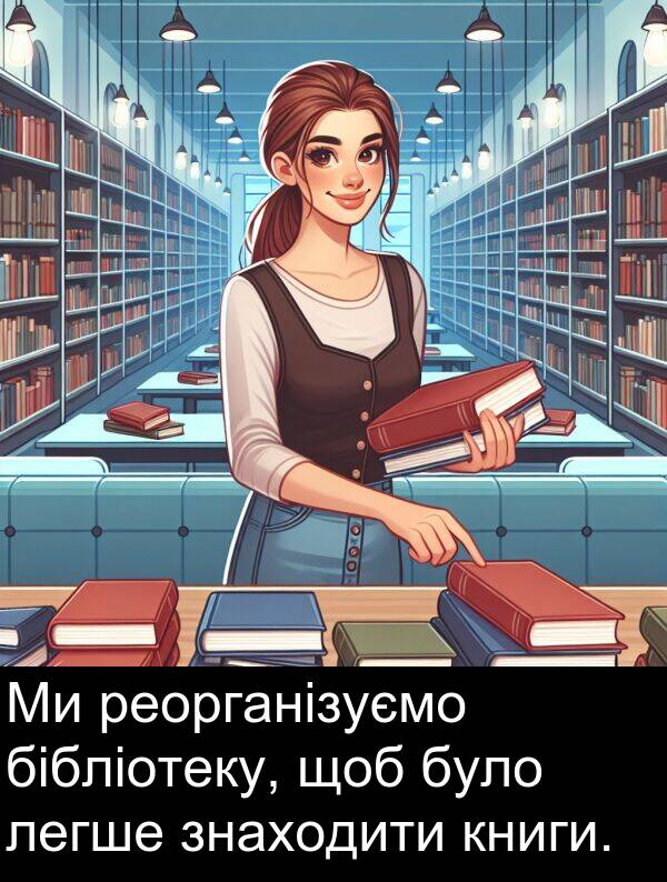 легше: Ми реорганізуємо бібліотеку, щоб було легше знаходити книги.