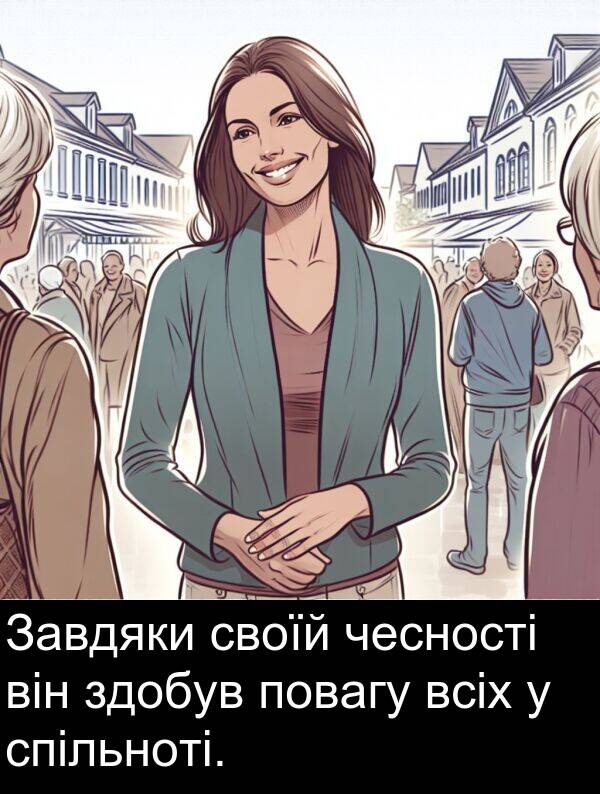 своїй: Завдяки своїй чесності він здобув повагу всіх у спільноті.