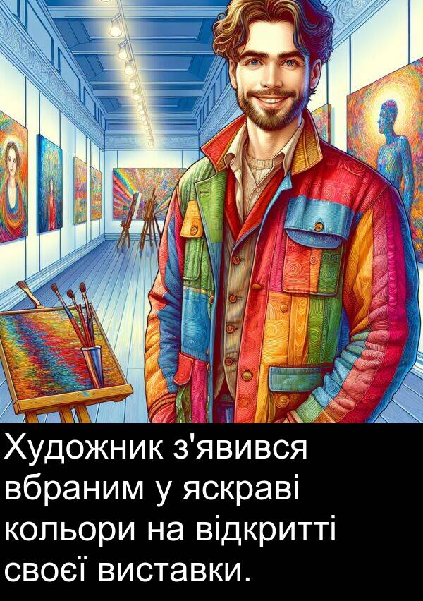 своєї: Художник з'явився вбраним у яскраві кольори на відкритті своєї виставки.