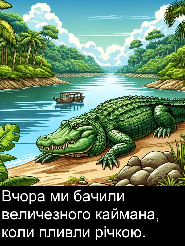 бачили: Вчора ми бачили величезного каймана, коли пливли річкою.