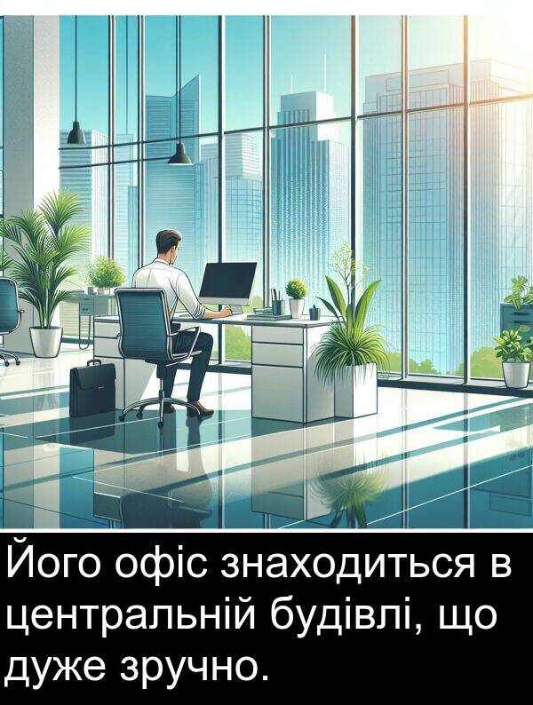 офіс: Його офіс знаходиться в центральній будівлі, що дуже зручно.