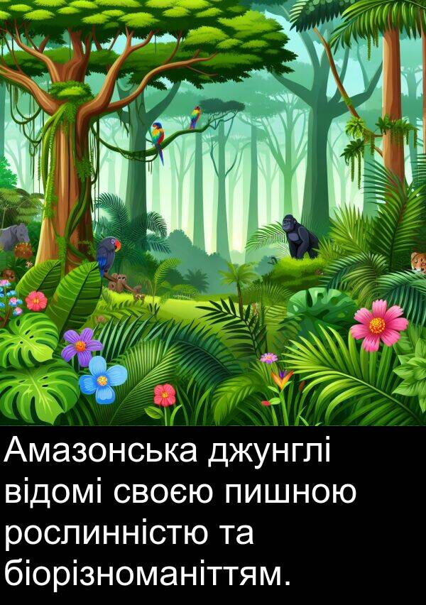 біорізноманіттям: Амазонська джунглі відомі своєю пишною рослинністю та біорізноманіттям.