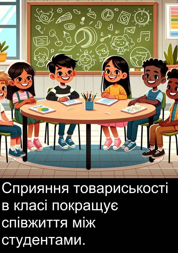 між: Сприяння товариськості в класі покращує співжиття між студентами.