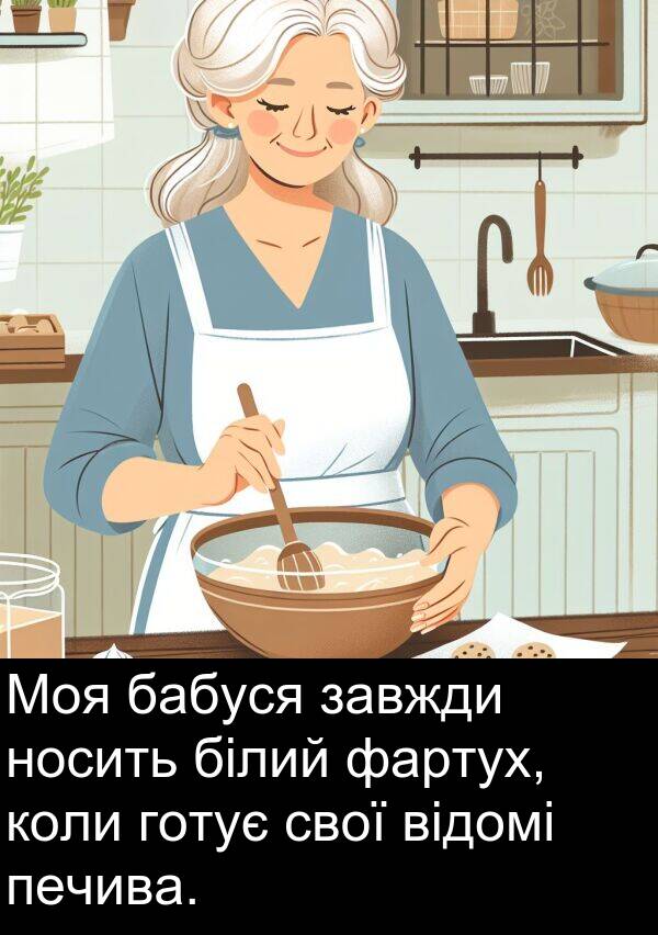 фартух: Моя бабуся завжди носить білий фартух, коли готує свої відомі печива.