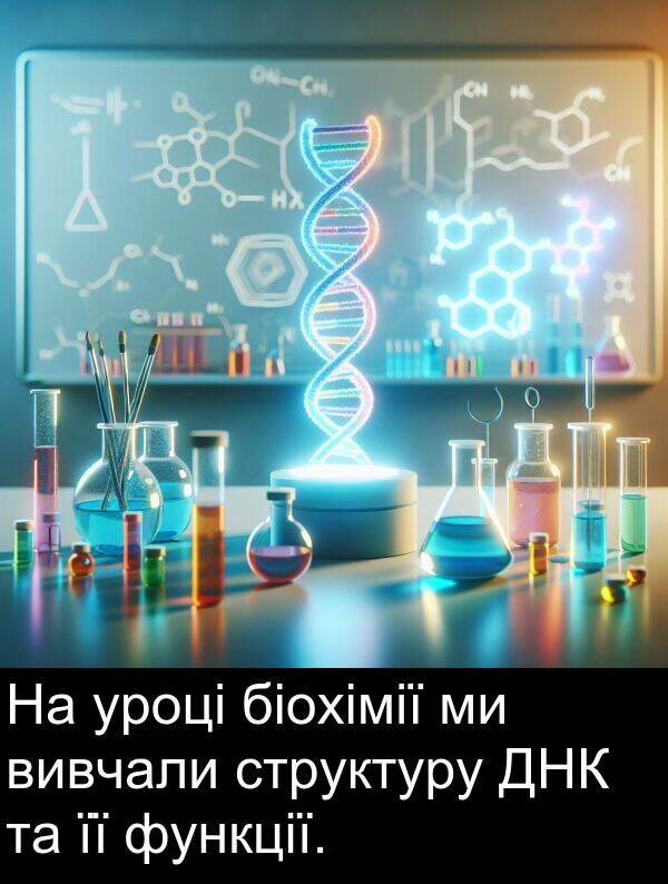 уроці: На уроці біохімії ми вивчали структуру ДНК та її функції.