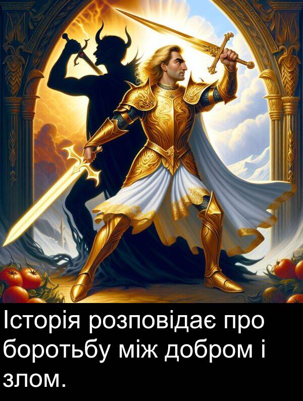 між: Історія розповідає про боротьбу між добром і злом.