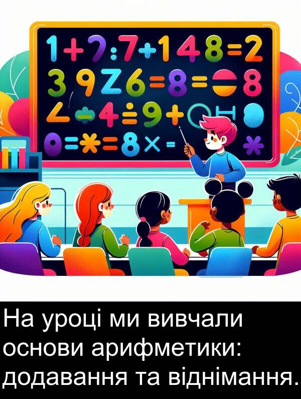 віднімання: На уроці ми вивчали основи арифметики: додавання та віднімання.