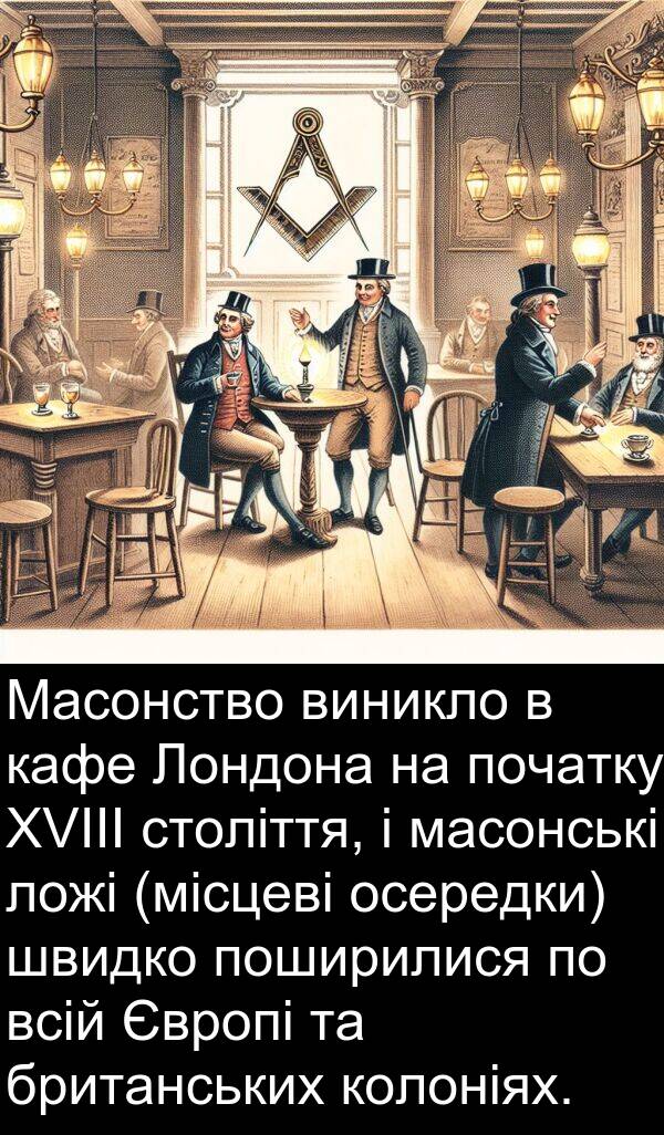 масонські: Масонство виникло в кафе Лондона на початку XVIII століття, і масонські ложі (місцеві осередки) швидко поширилися по всій Європі та британських колоніях.