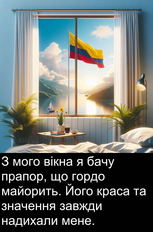 вікна: З мого вікна я бачу прапор, що гордо майорить. Його краса та значення завжди надихали мене.