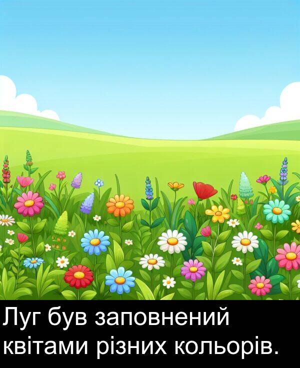 різних: Луг був заповнений квітами різних кольорів.