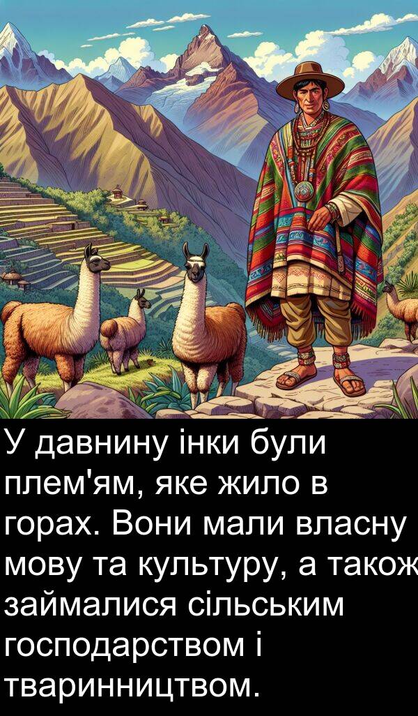 сільським: У давнину інки були плем'ям, яке жило в горах. Вони мали власну мову та культуру, а також займалися сільським господарством і тваринництвом.